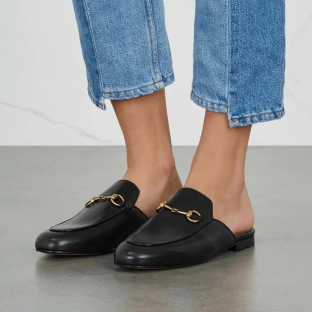 Gucci Princetown Black Leather Loafer Slides Size 37